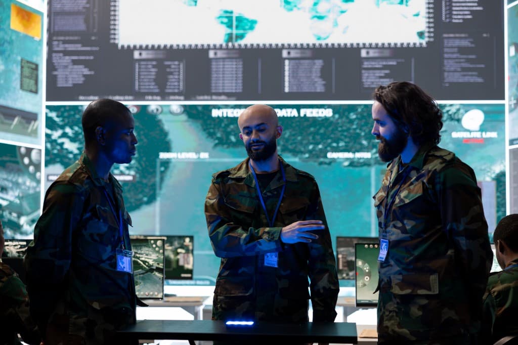 Three people in uniform review a map in a control room.